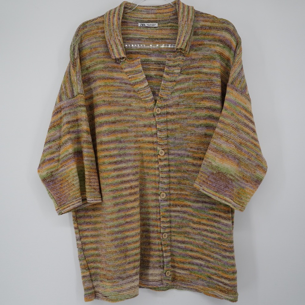 Zara Knit Multicolor Collared Button up collar Cardigan 3/4 Sleeve Women's Large
